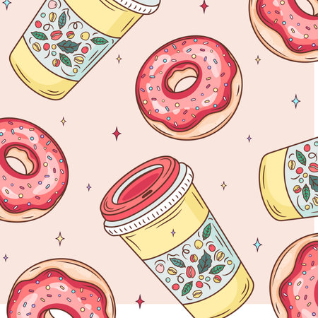 Donuts with pink icing. Seamless white pattern. Background for cafes, restaurants, coffee shops, catering. Design texture for menu, booklet, banner, website. Vector illustration.のイラスト素材