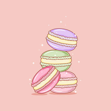 Stack of colorful macaron, macaroon almond cakes, sketch style vector illustration . Stack, pile of colorful almond macaron, macaroon biscuits, sweet and beautiful dessertのイラスト素材