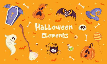 Halloween celebratory subjects isolated on background. Flat style vector illustration set. Great for Halloween party props, greeting card, logo, stickers.のイラスト素材