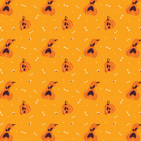 Halloween pattern background vector with scary pumpkins and human bones. Halloween spooky pattern decoration for book covers, wallpapers, and bed sheets. Halloween endless pattern on orange backgroundのイラスト素材