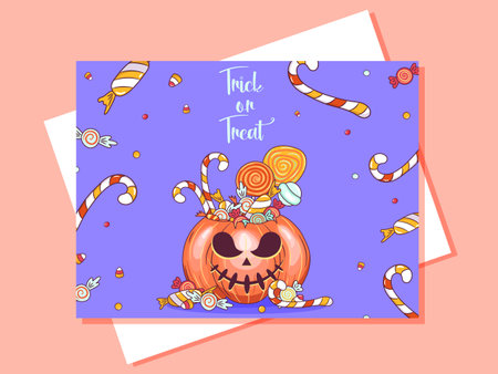 Halloween Party invitation, greeting card, or posters with calligraphy, cutest pumpkins and candy. Design template for Sale, advertising, web, social media.のイラスト素材