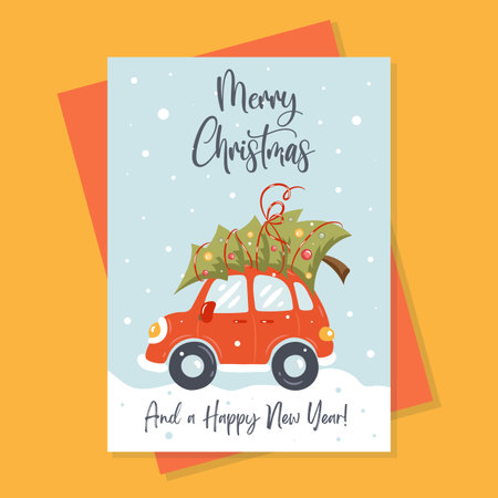 Merry christmas and happy new year greeting card with cute retro car with christmas tree on the roof. Postcard, poster, invitation template. Vector illustrationのイラスト素材