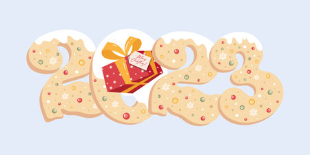 Happy New Year 2023 christmas cookies number. festive realistic decoration. Celebrate party 2023, Web Poster, banner, cover card, brochure, flyer, layout design. White backgroundのイラスト素材