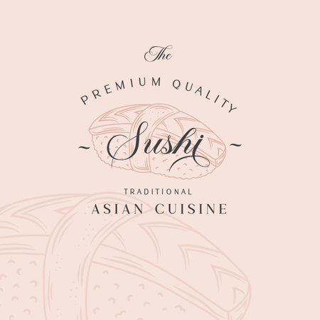 Asian Food Abstract Logo Template. Hand Drawn Sushi Sashimi Roll and Modern Typography. Japanese Cuisine Vector Emblem Concept. Isolatedのイラスト素材
