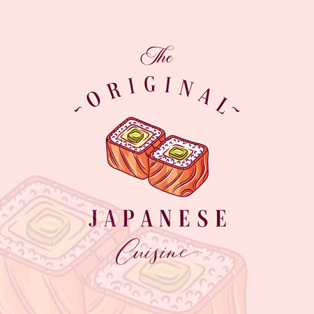 Asian Food Abstract Logo Template. Hand Drawn Sushi Sashimi Roll and Modern Typography. Japanese Cuisine Vector Emblem Concept. Isolatedのイラスト素材