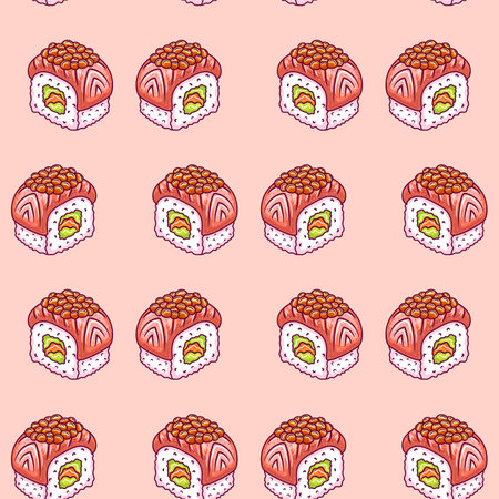 Seamless pattern background with bright cute sushi hand drawn doodles. Asianfood. Contour drawing with outline, asian food vector illustration backdrop, print, wallpaperのイラスト素材