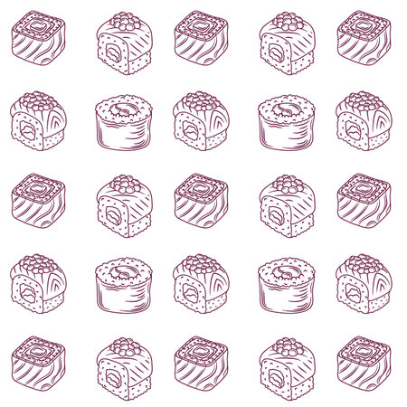 Seamless pattern background with bright cute sushi hand drawn doodles. Asianfood. Contour drawing with outline, asian food vector illustration backdrop, print, wallpaperのイラスト素材