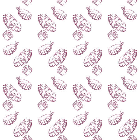 Seamless pattern background with bright cute sushi hand drawn doodles. Asianfood. Contour drawing with outline, asian food vector illustration backdrop, print, wallpaperのイラスト素材