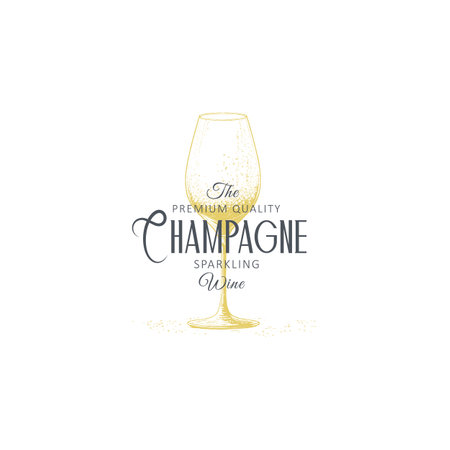 Premium Champagne Abstract Vector Sign, Symbol or Logo Template. Hand Drawn Sparkling Wine Glass Sketch with Typography. Elegant Beverage Emblem. Isolated.のイラスト素材