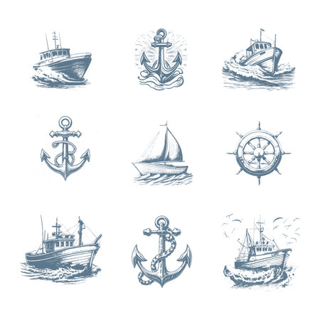Marine doodles set with ships, boats and nautical anchors. Vector illustrations in hand drawn style.のイラスト素材