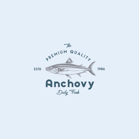 Fresh Local Anchovy Abstract Vector Sign, Symbol or Logo Template. Hand Drawn Anchovy Fish with Premium Retro Typography. Stylish Vector Emblem Concept. Isolated.のイラスト素材