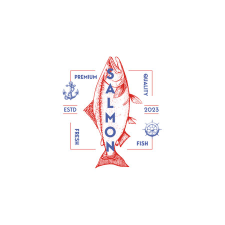 Vector salmon vintage logo on a white background. Atlantic, chinook, sockeye and pink salmon fish illustrations for groceries, fisheries, packaging, and advertisingのイラスト素材