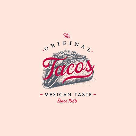 Hand drawn logo tacos silhouette and modern vintage typography retro style vector illustration. Taco tortilla label for fast food packaging and restaurant menu decoration.のイラスト素材