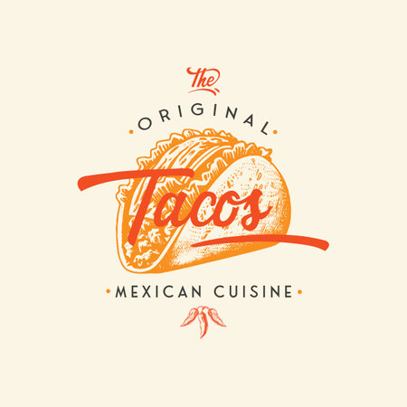 Hand drawn logo tacos silhouette and modern vintage typography retro style vector illustration. Taco tortilla label for fast food packaging and restaurant menu decoration.のイラスト素材