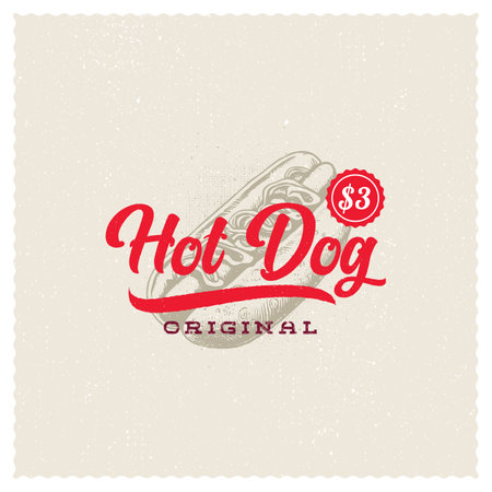 Hand drawn logo hot dog silhouette and modern vintage typography retro style vector illustration. Sausage label for fast food packaging and restaurant menu decoration.のイラスト素材