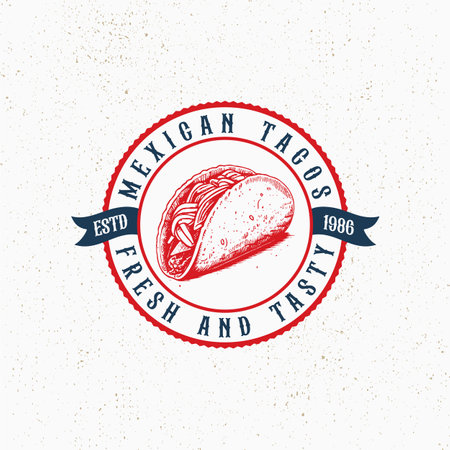 Tacos hand written lettering logo, label, badge, sigm, emblem for mexican restaurant menu, cafe badge. Modern calligraphy. Vector illustration.のイラスト素材