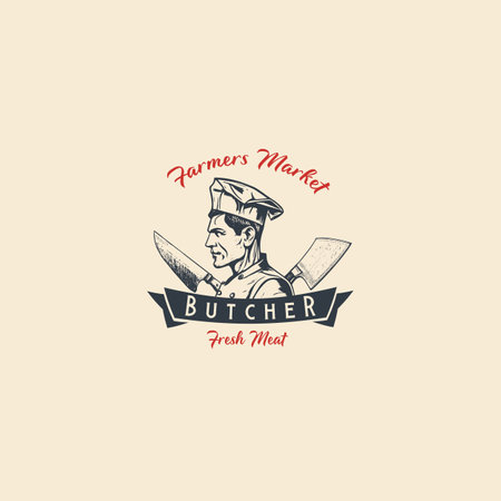 Hand drawing of man butcher in retro engraving style. Template of emblem or logo for grill restaurant, menu of steak house, for packaging in markets and in stores. Vector vintage illustration.のイラスト素材