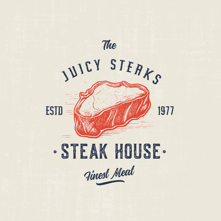 The Flash Instant Steak Abstract Vintage Vector Emblem, Label or Logo Template. Meat with a Lightning Concept Illustration, Retro Print Effect, Typography and Shabby Texture. Isolated.のイラスト素材