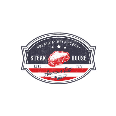 The Flash Instant Steak Abstract Vintage Vector Emblem, Label or Logo Template. Meat with a Lightning Concept Illustration, Retro Print Effect, Typography and Shabby Texture. Isolated.のイラスト素材