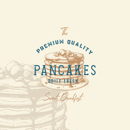 Pancakes Badge or Logo Template. Hand Drawn Sketch with Retro Typography. Premium Brekfast Food Emblem. Isolatedのイラスト素材