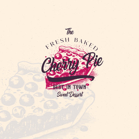 Cherry Pie Premium Quality Pastry Shop Abstract Sign, Symbol or Logo Template. Hand Drawn Sweet with Typography. Bakery Vector Emblem Concept. Isolated.のイラスト素材