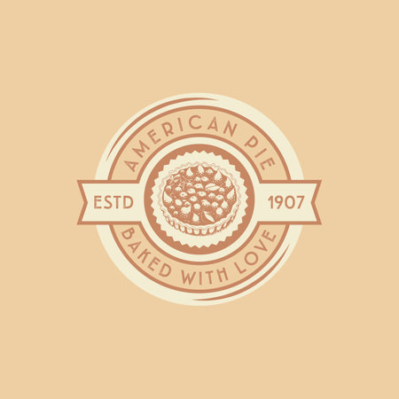 Vintage style bakery shop label, badge, emblem, logo. Vector illustration. Graphic art with engraved design element of American pie. Linear graphic isolated on white background.のイラスト素材