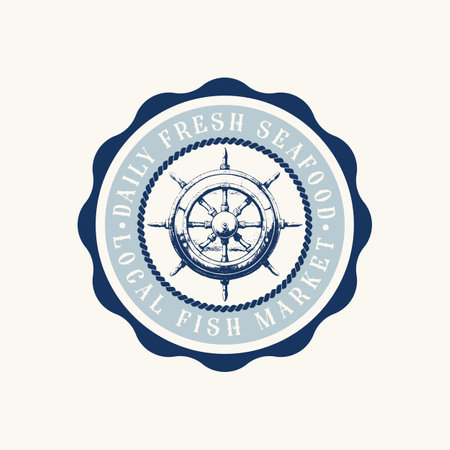 Logo template for fish market, restaurant menu or seafood bar. Emblem of delicacy in the engraving style on a light background.のイラスト素材