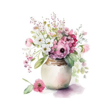 Watercolor bouqet with wild pink and white flowers in vase. Collection magenta flowers, leaves, branches. Design for greetings, card, invitation, flyer, banner.のイラスト素材
