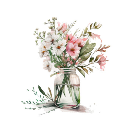 Watercolor bouqet with wild pink and white flowers in vase. Collection magenta flowers, leaves, branches. Design for greetings, card, invitation, flyer, banner.のイラスト素材