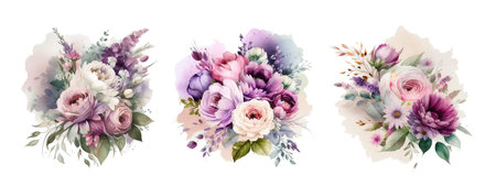 Watercolor flowers bouquets isolated on white background. Stylish fall wedding bunch of...
