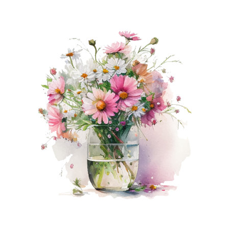 Watercolor bouqet with wild pink and white flowers in vase. Collection magenta flowers, leaves, branches. Design for greetings, card, invitation, flyer, banner.のイラスト素材