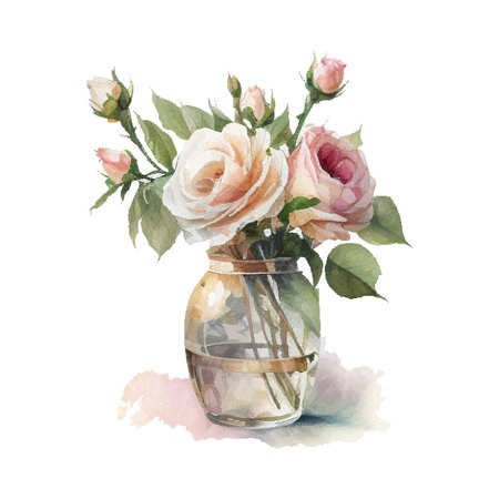 Watercolor bouqet with wild pink and white Roses in vase. Collection magenta flowers, leaves, branches. Design for greetings, card, invitation, flyer, banner.のイラスト素材