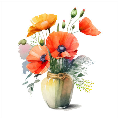Watercolor Poppy flowers in vase, isolated on white backgroundのイラスト素材