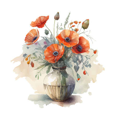 Watercolor Poppy flowers in vase, isolated on white backgroundのイラスト素材
