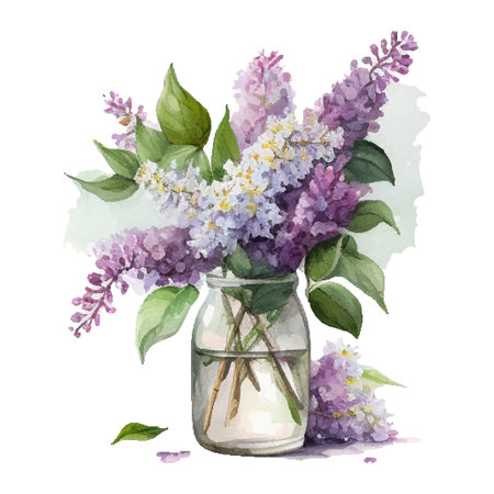 Watercolor Lilac flowers in vase. Vector isolated on white background.のイラスト素材