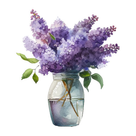 Watercolor Lilac flowers in vase. Vector isolated on white background.のイラスト素材
