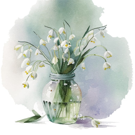 Watercolor Snowdrop flowers Galanthus . Hand drawn realistic vector illustration of white snowdrop flowers in glass vase on white backgroundのイラスト素材