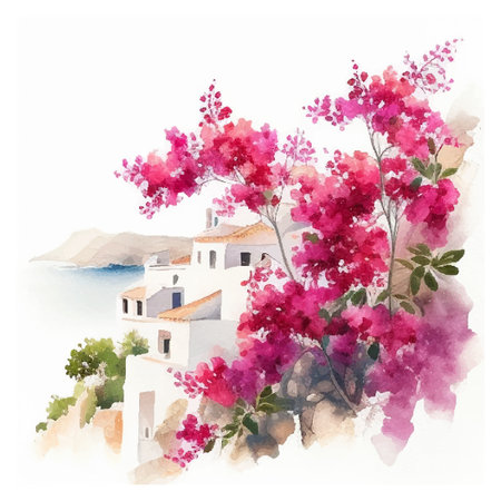 Watercolor Santorini Island landscape. Greece summer island landscape. Santorini hand drawn square vector background. Picturesque sketch. Ideal for card, invitation, banners, posters.のイラスト素材