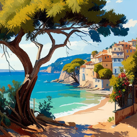 Watercolor summer landscape with Sailboats, flowers and house vector illustrationのイラスト素材