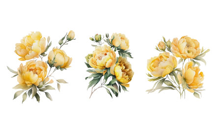 Watercolor flower peony, flowers and leaves peonies, watercolor rose isolated on white background, floral set, vector design for invitation, wedding, save the date, card, holiday, summer designのイラスト素材