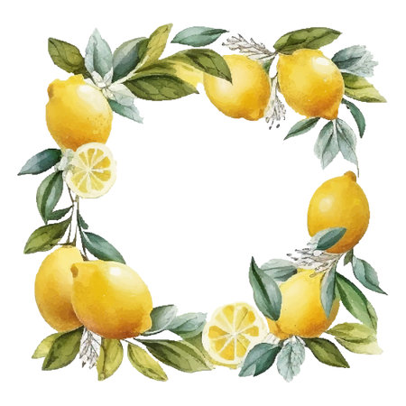 Hand-drawn watercolor painting lemon frame on white background. Vector illustration of green leaves, flowers, buds, and branches.のイラスト素材