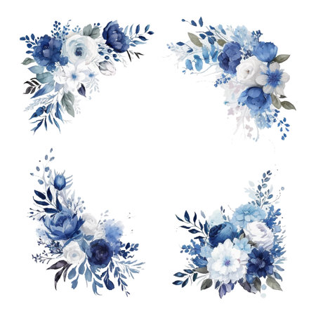Dusty blue rose, echeveria succulent, white hydrangea, ranunculus, anemone, eucalyptus, juniper vector design wedding bouquets.Seasonal flower card.Floral square composition.Isolated and editableのイラスト素材