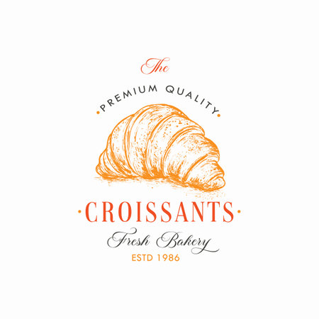 Fresh Baked Croissants Abstract Sign, Symbol or Logo Template. Hand Drawn French Bun and Typography. Local Bakery Vector Emblem Concept. Isolated.のイラスト素材