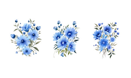 Vector watercolor blue wild flowers cornflower on white backdrop. Isolated beautiful hand drawing summer flowers. Floral illustrationのイラスト素材