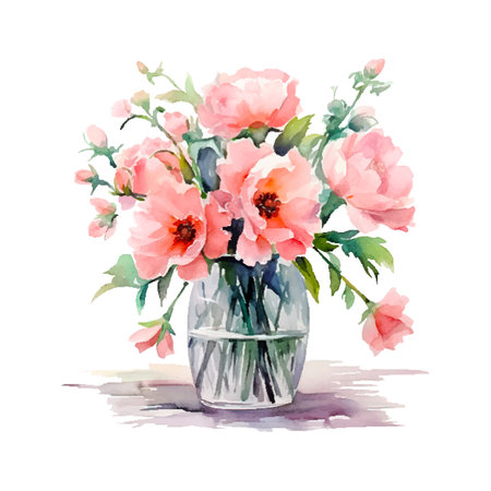 Watercolor flowers bouqet in vase. Design for greetings, card, invitation, flyer, banner.のイラスト素材