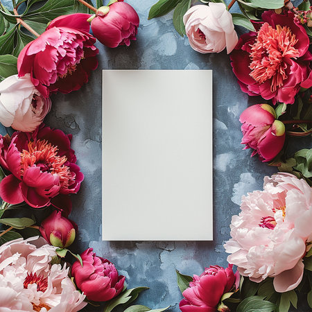 Wedding, birthday stationery mock-up scene. Blank paper greeting card, invitation. Decorative floral composition. Closeup of red and white peonys petals, peonies, flowers and eucalyptus leaves.の写真素材