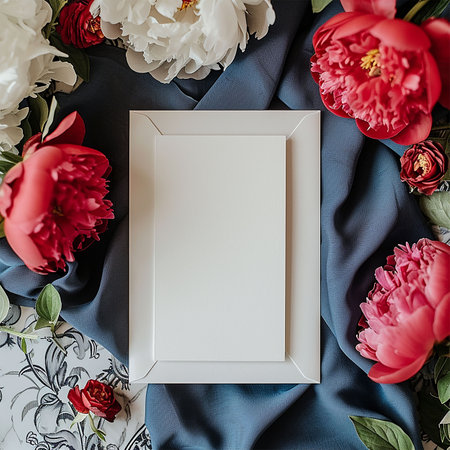 Wedding, birthday stationery mock-up scene. Blank paper greeting card, invitation. Decorative floral composition. Closeup of red and white peonys petals, peonies, flowersの写真素材