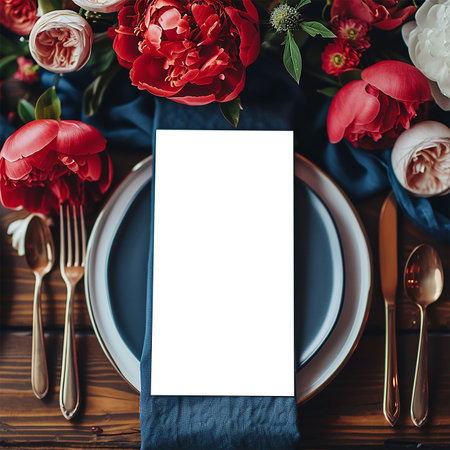 Wedding menu laying on a marble table decorated with red and white peony flowers . Mock-up scene...