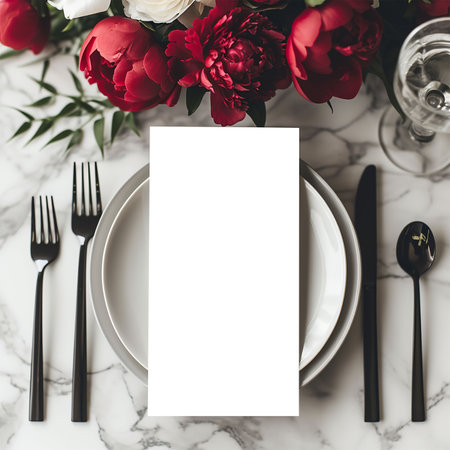 Wedding menu laying on a marble table decorated with red and white peony flowers . Mock-up scene with blank paper greeting cards. Feminine flat layの写真素材