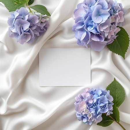 Horizontal 3,5x2 empty card mockup with hydrangea flowers